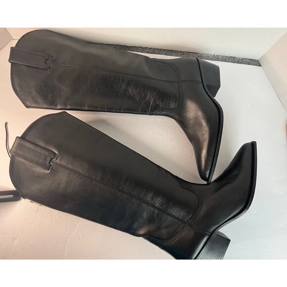 NWT Zara Western Cowgirl Black Leather Tall Knee High Zip Boots Sz 9 - Picture 5 of 11